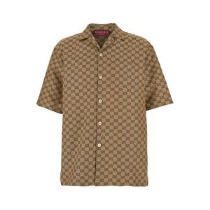 Gucci Men Beige Bowling Shirt With All-Over Gg Motif In Linen Man